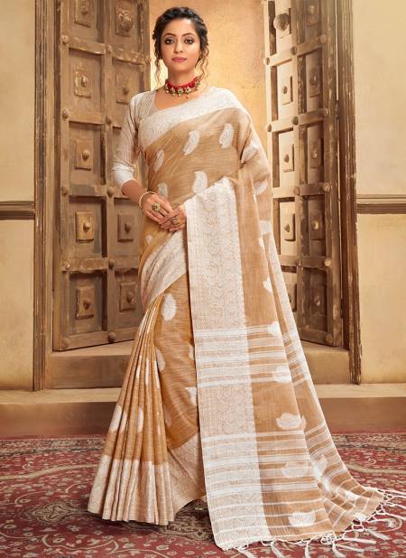 Beige ASHIKA CHIKANKARI BUTTA Cotton Linen With Resham Work Designer Saree Collection CB 05
